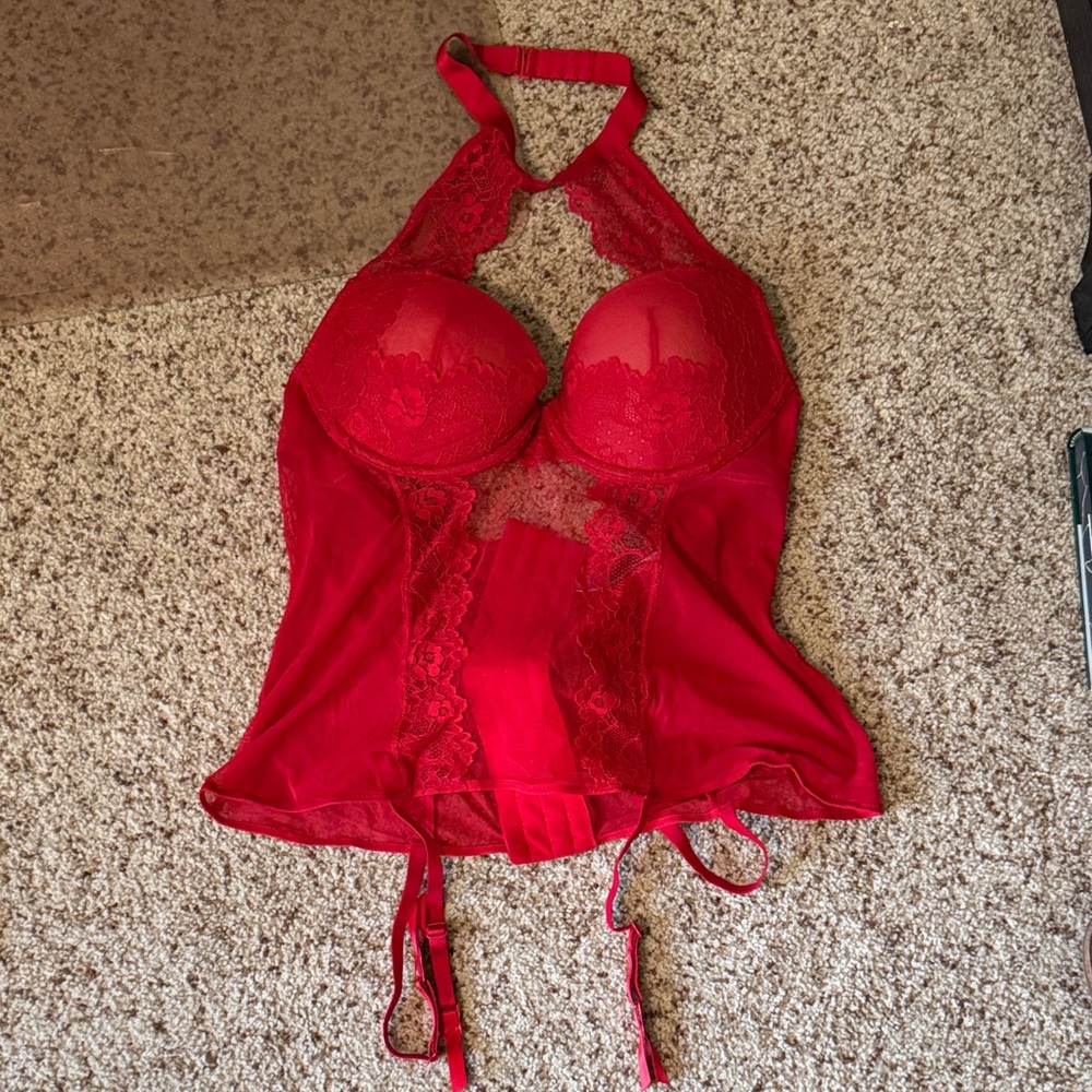 Adore Me Red Lace Halter Bustier Top with g-string